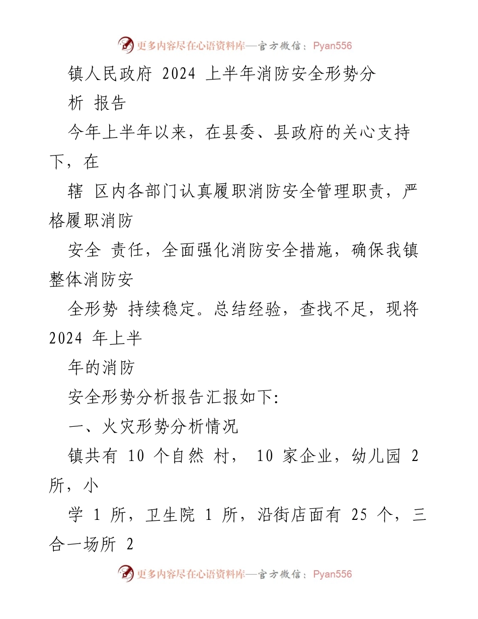 [调研报告] 镇人民政府 - 2024年上半年消防安全形势分析报告.docx_第1页