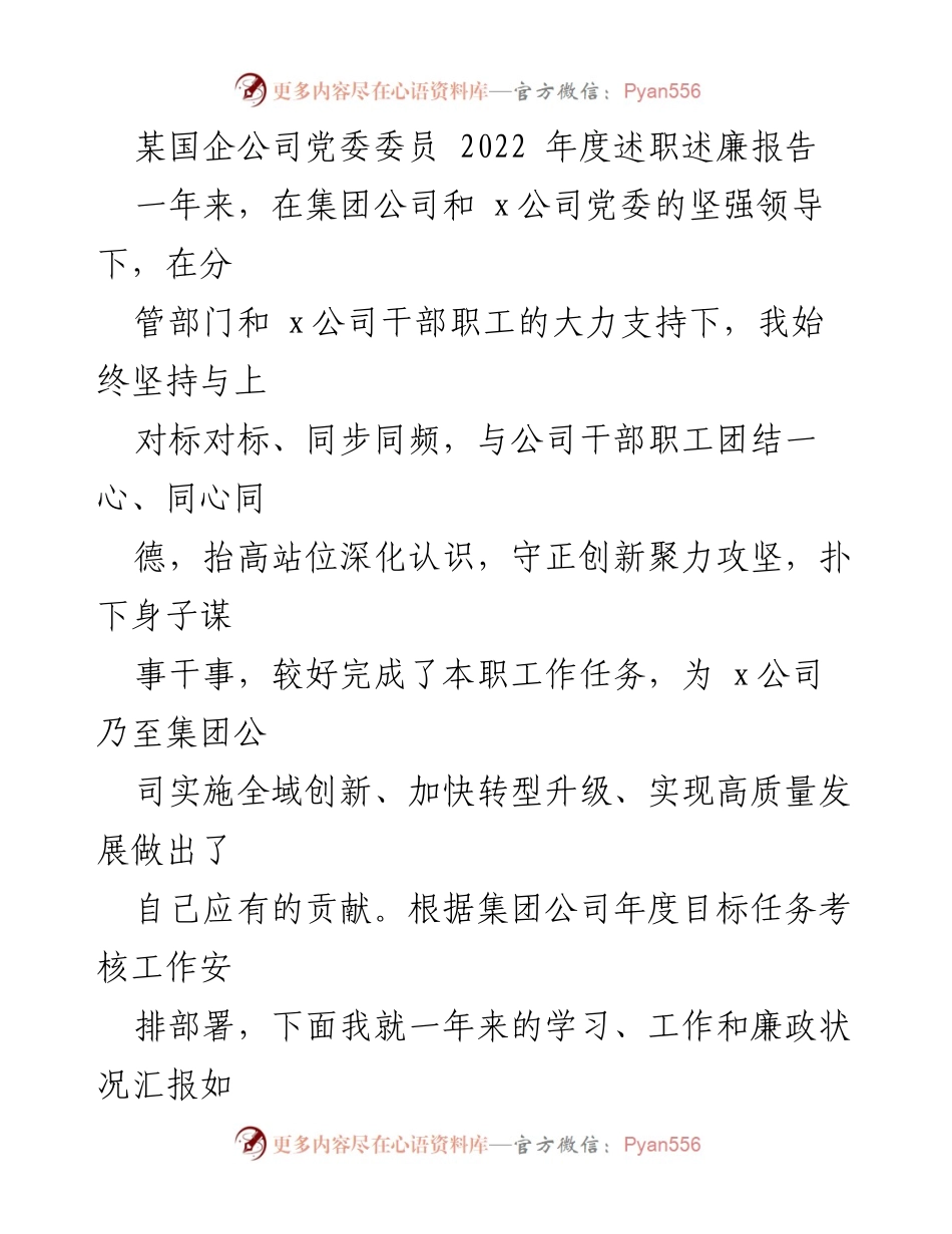 [述职报告] 公司党委会议 - 2022年度述职述廉报告总结.docx_第1页