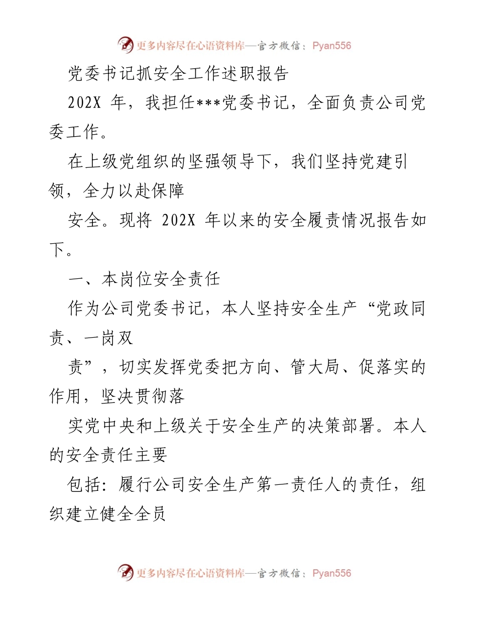 [述职报告] 党委书记安全工作总结 - 党委书记安全工作履责情况述职报告.docx_第1页