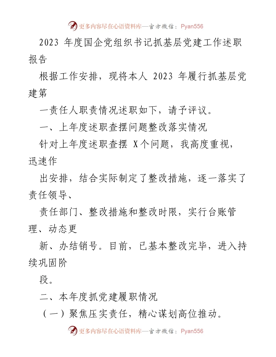 [述职报告] 党建工作 - 2023年度国企党组织书记抓基层党建工作述职报告.docx_第1页