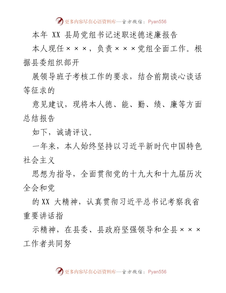 [述职报告] XX县局党组 - XX县局党组书记年度述职述德述廉报告.docx_第1页