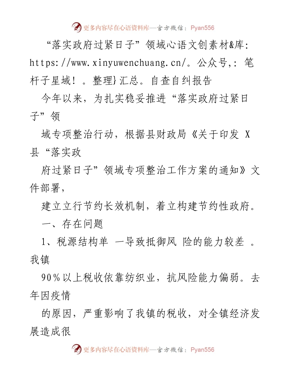 [调研报告] 政府财政管理 - “落实政府过紧日子”领域专项整治自查报告.docx_第1页