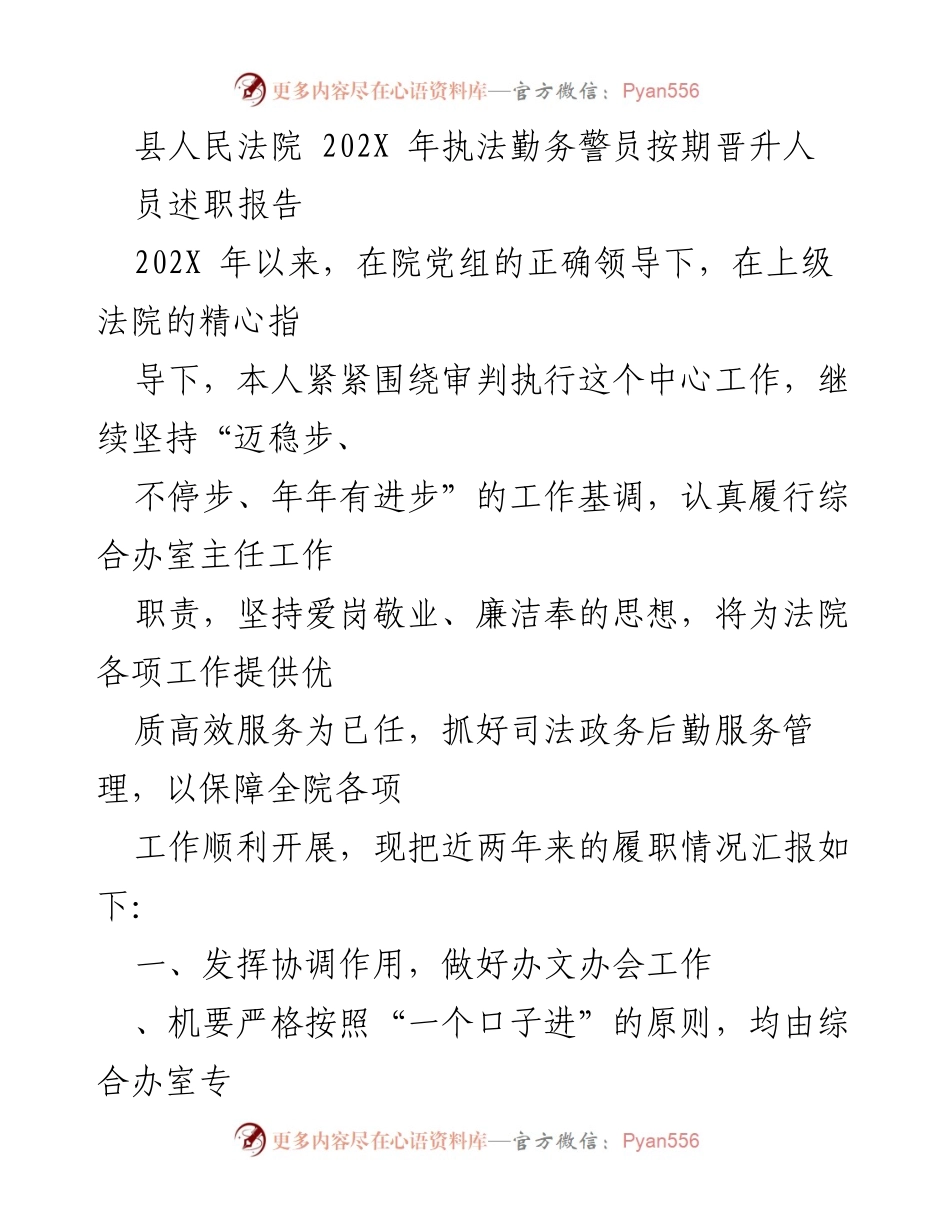 [述职报告] 县人民法院 - 202X年执法勤务警员履职情况总结.docx_第1页