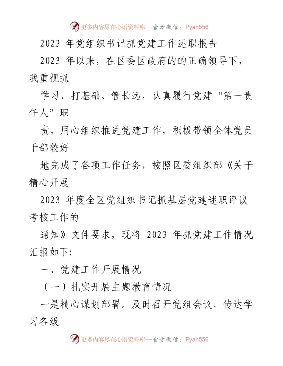 [述职报告] 党建工作总结 - 2023年党组织书记抓党建工作述职报告.docx_第1页