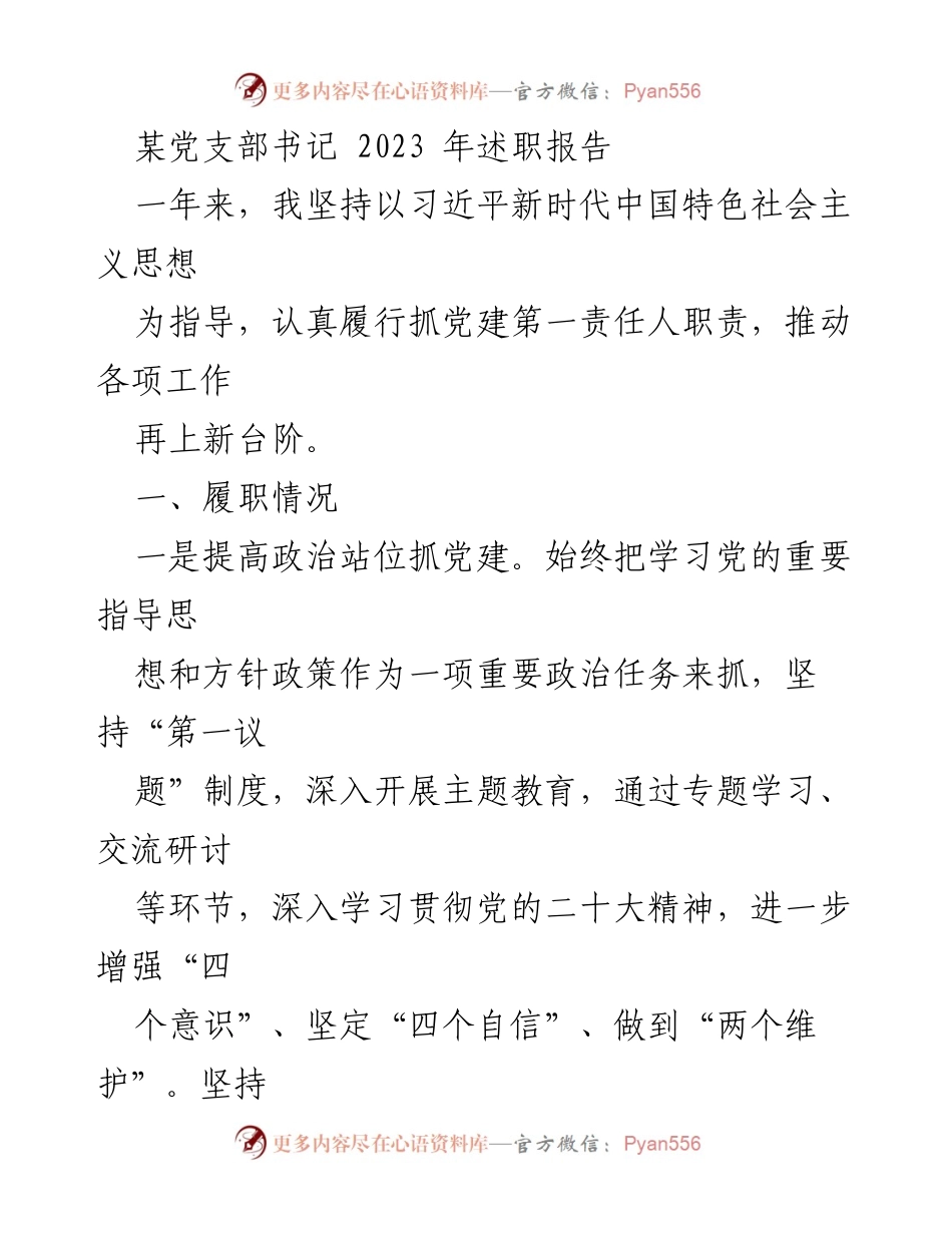 [述职报告] 党支部 - 2023年党支部书记述职报告总结与反思.docx_第1页
