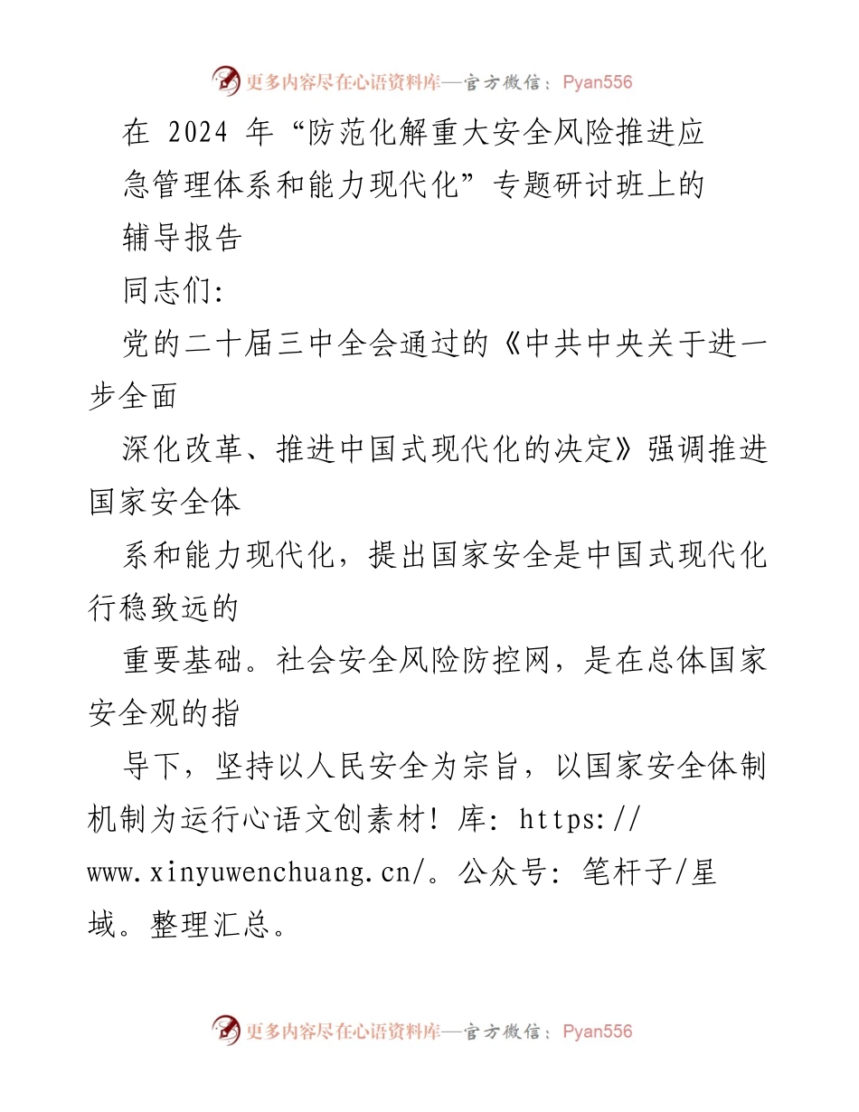 [辅导报告] 研讨班 - 推进国家安全体系与能力现代化的社会安全风险防控策略.docx_第1页