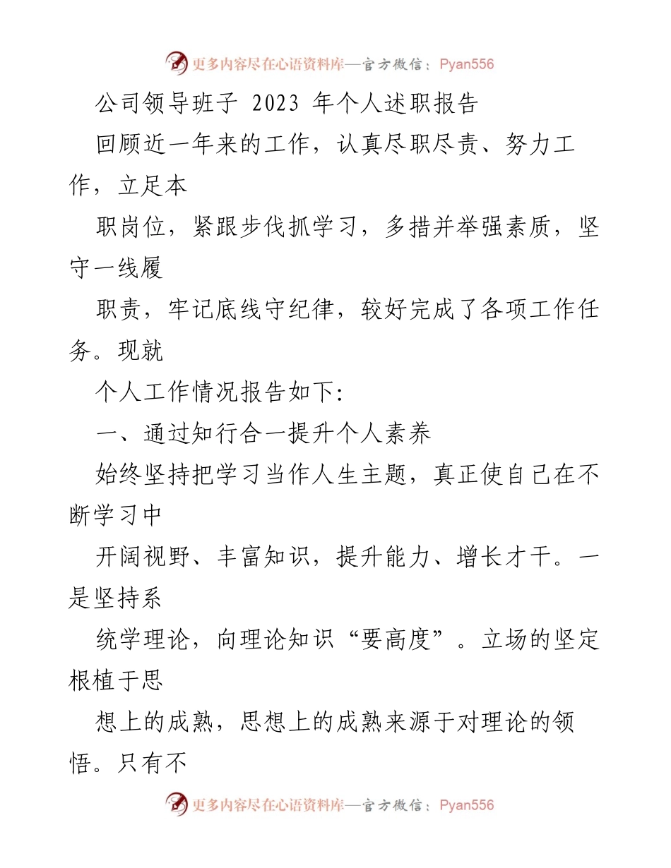 [述职报告] 公司领导班子会议 - 2023年个人述职报告总结与提升.docx_第1页