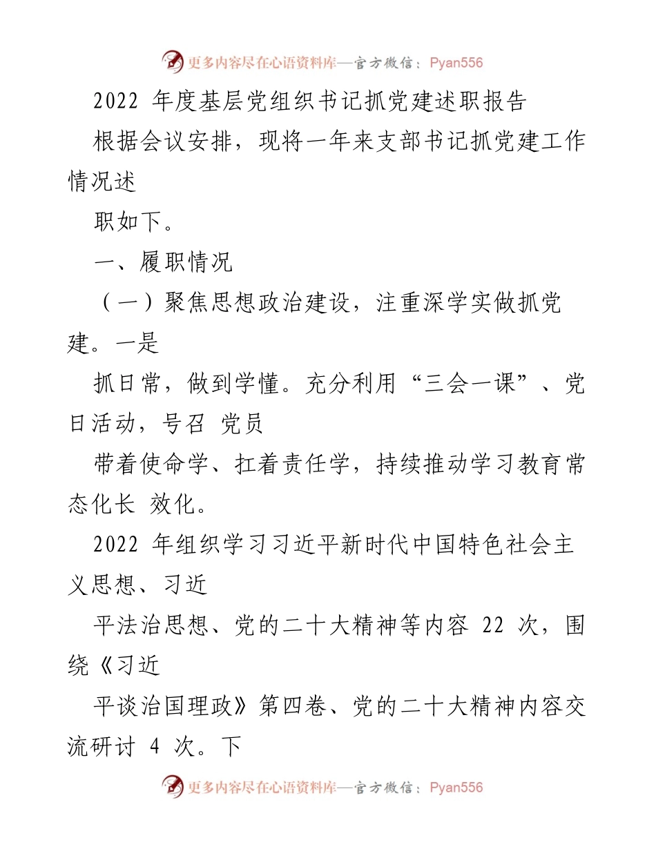 [述职报告] 党建工作会议 - 2022年度基层党组织书记抓党建工作述职报告.docx_第1页