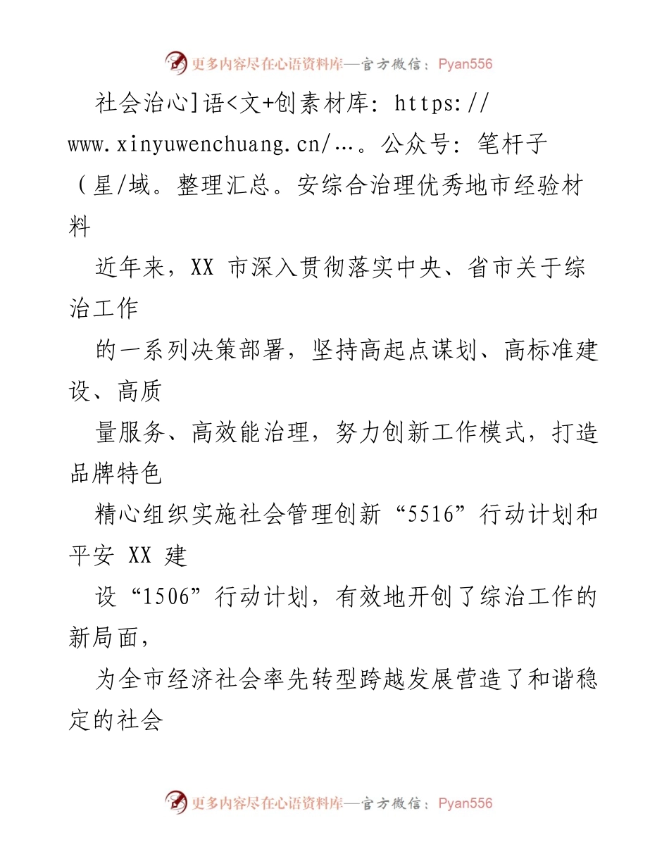 [调研报告] 社会治理 - XX市社会治安综合治理经验总结.docx_第1页