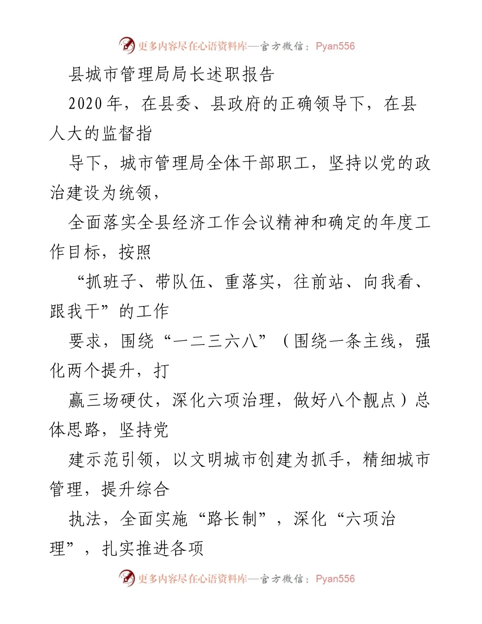 [述职报告] 县城市管理局 - 2020年度城市管理局长述职报告.docx_第1页