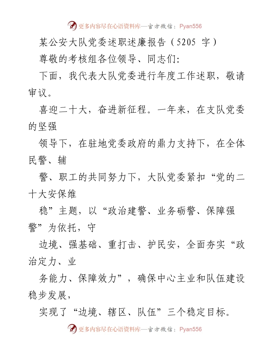[述职报告] 公安大队党委 - 年度述职述廉报告：坚守政治定力，推动队伍建设与安保维稳.docx_第1页