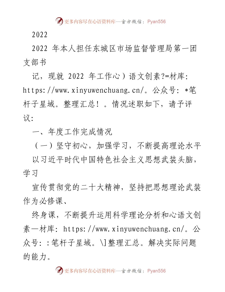 [述职报告] 东城区市场监督管理局 - 2022年第一团支部工作述职报告.docx_第1页