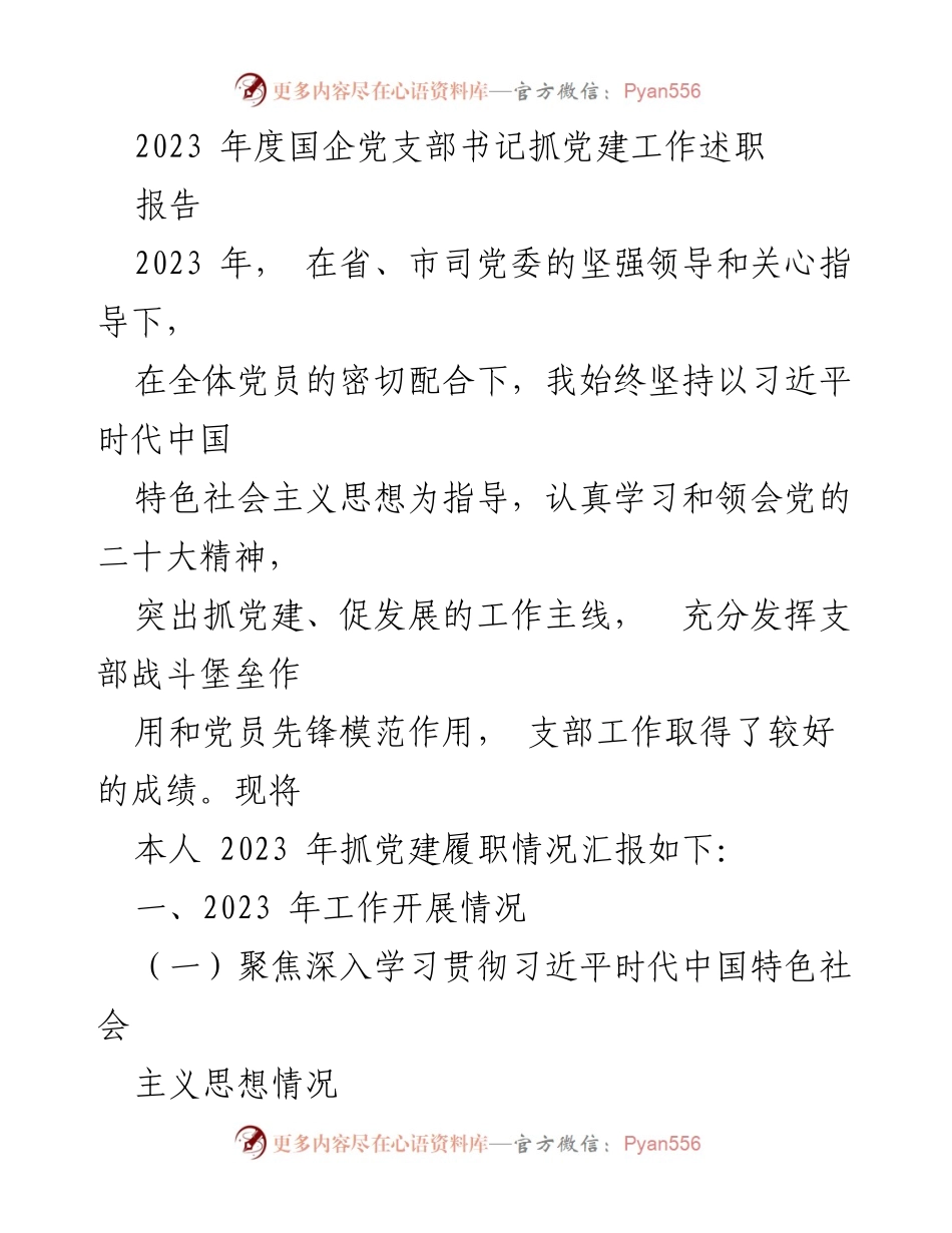 [述职报告] 党建工作 - 2023年度国企党支部书记抓党建工作述职报告.docx_第1页