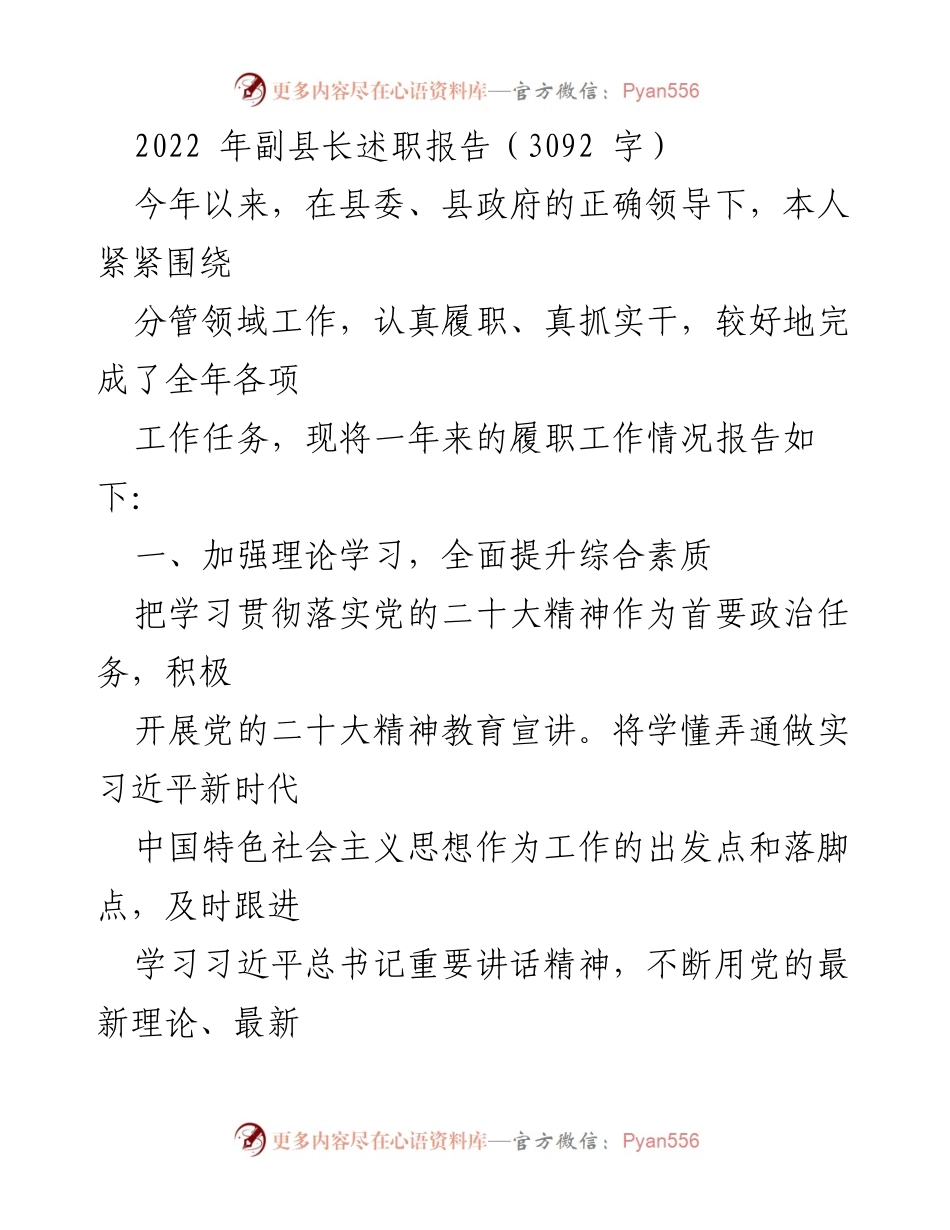 [述职报告] 县政府工作 - 2022年副县长履职工作总结报告.docx_第1页