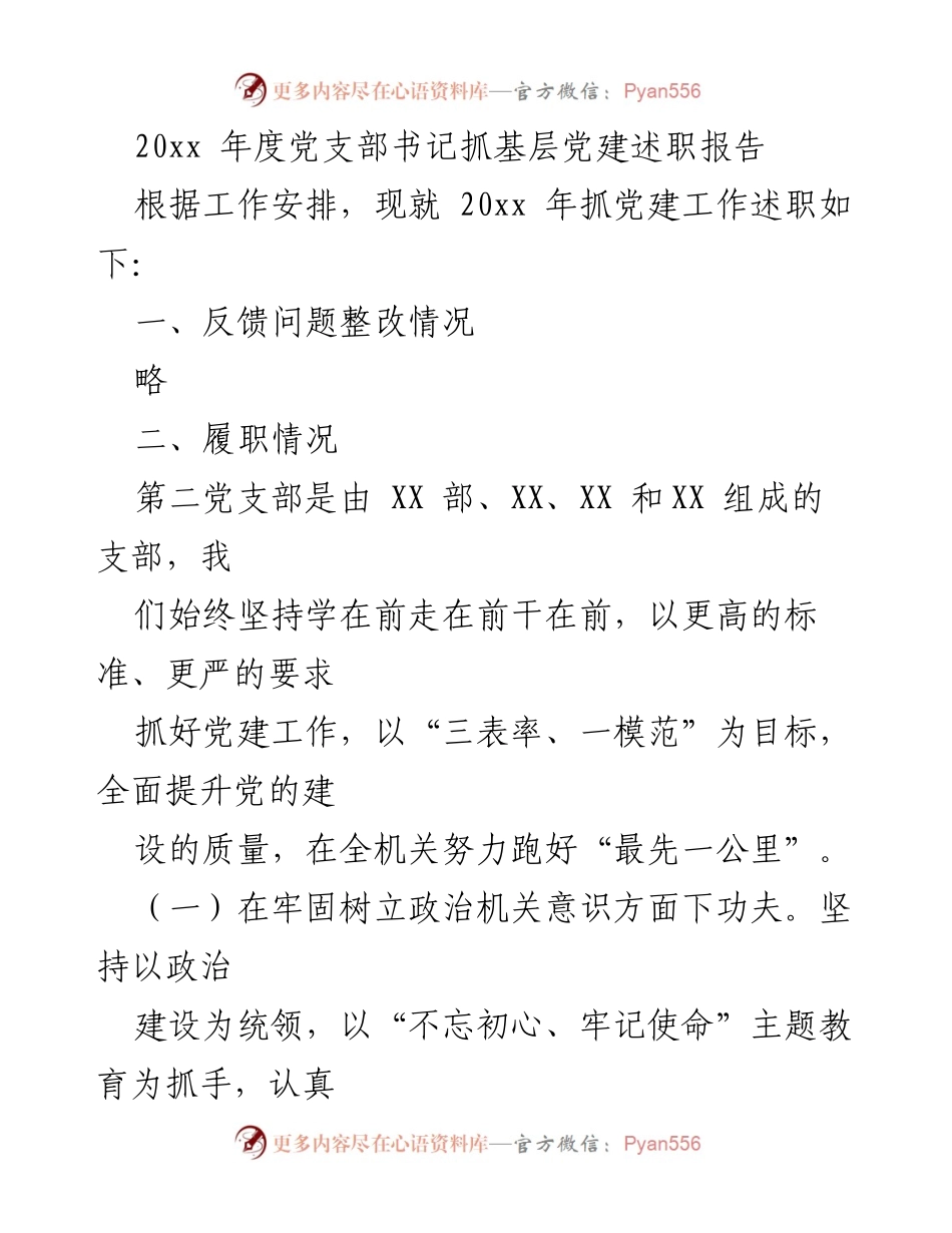 [述职报告] 党支部工作 - 20xx年度党支部书记抓党建工作述职报告.docx_第1页