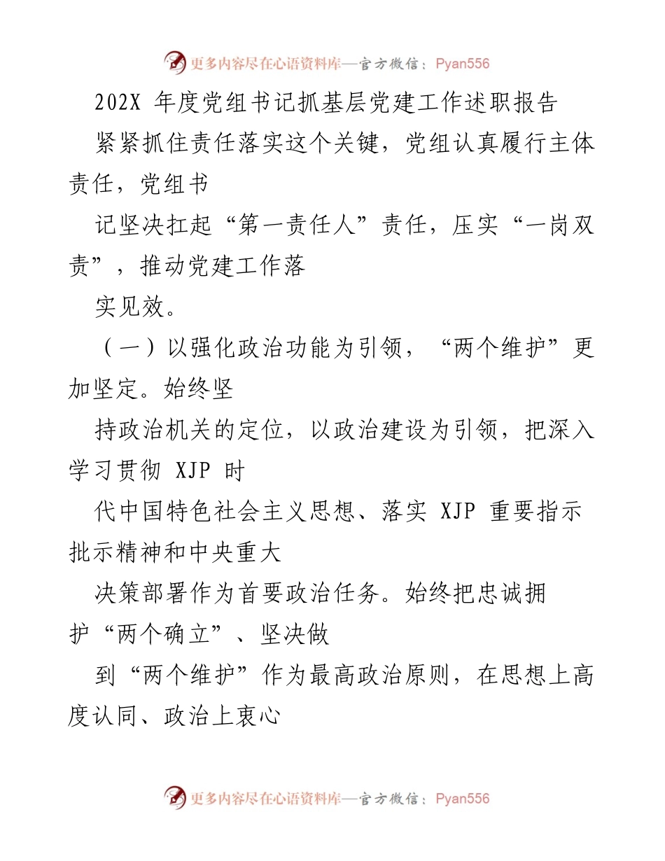 [述职报告] 党组工作 - 202X年度党组书记抓基层党建工作述职报告.docx_第1页