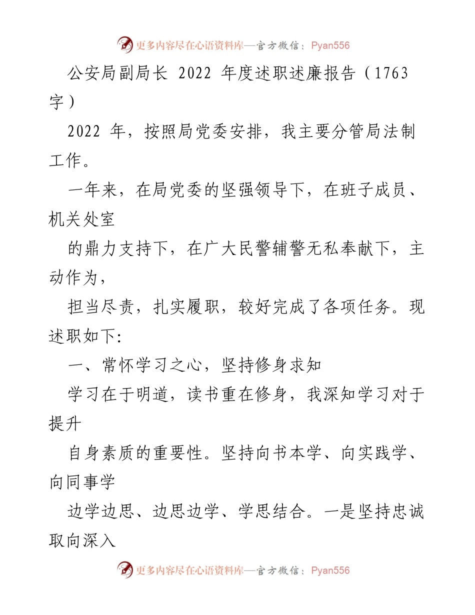 [述职报告] 公安局 - 2022年度副局长述职述廉报告_1.docx_第1页