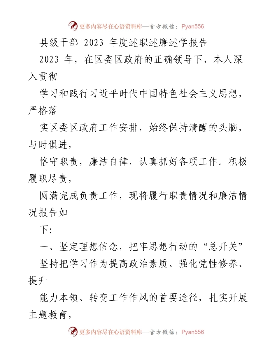 [述职报告] 县级干部年度总结 - 2023年度述职述廉述学报告_1.docx_第1页