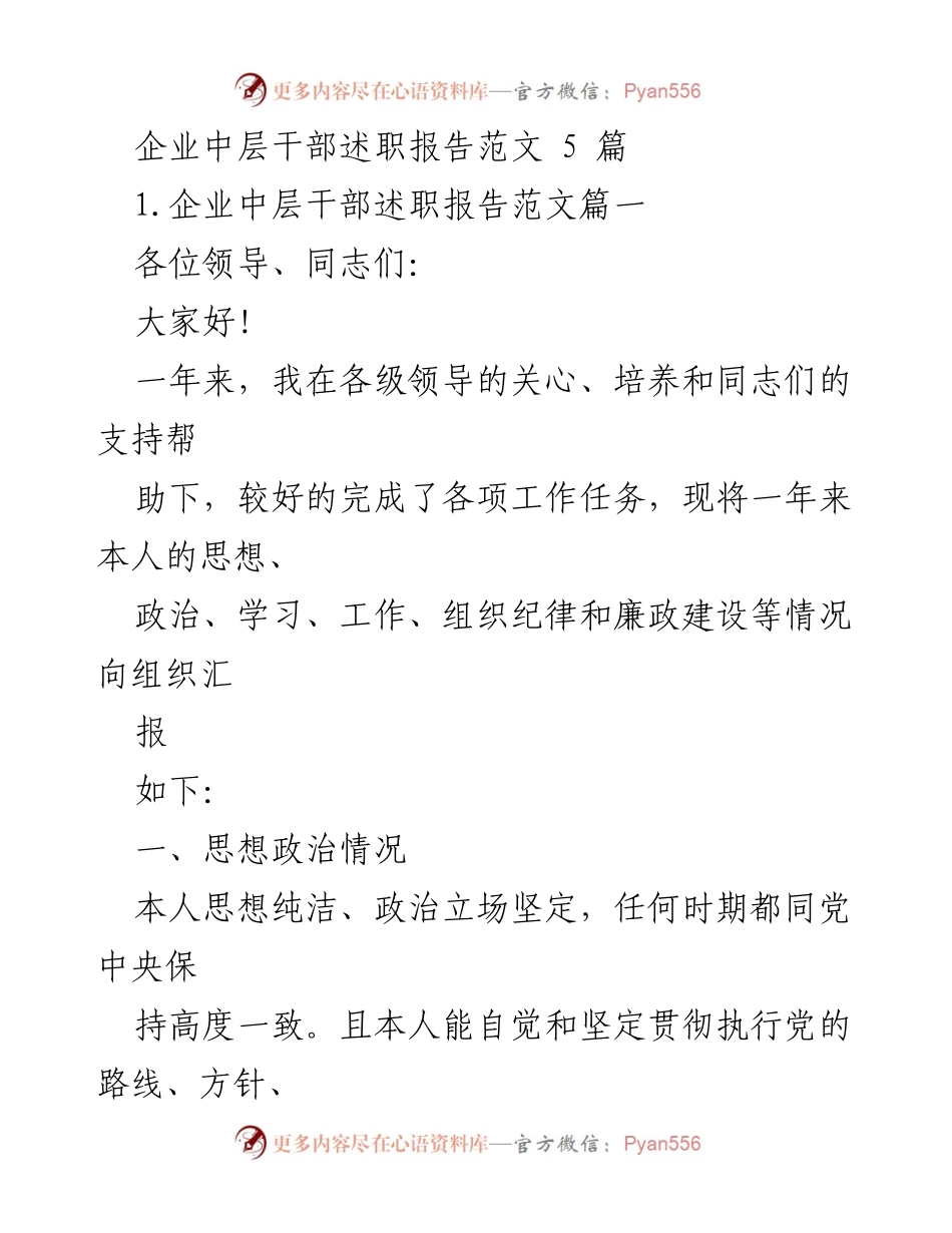 [述职报告] 企业中层干部 - 年度工作述职报告总结.docx_第1页