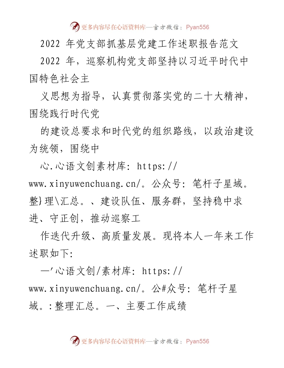 [述职报告] 党支部工作总结 - 2022年巡察机构党支部工作述职报告.docx_第1页