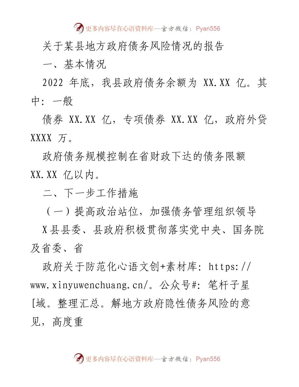[调研报告] 政府债务管理 - 某县地方政府债务风险防控措施及建议报告.docx_第1页