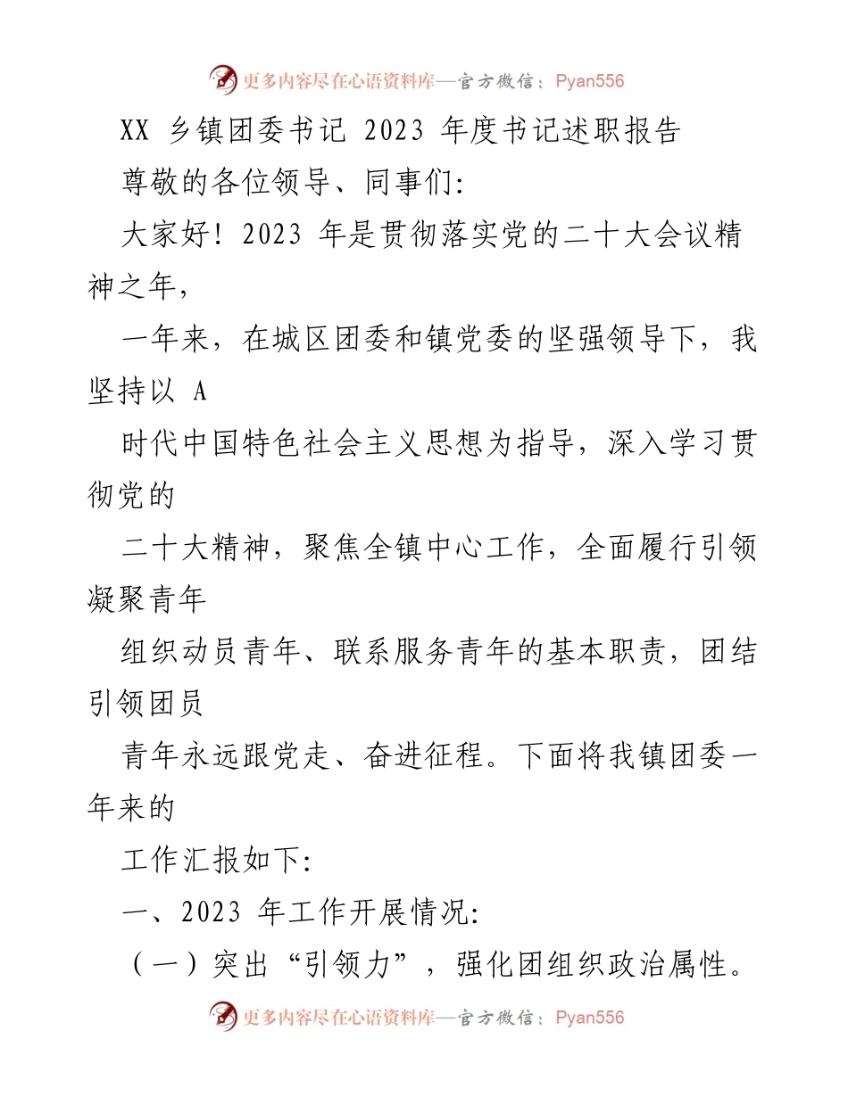 [述职报告] 乡镇团委 - 2023年度团委书记工作述职报告.docx_第1页