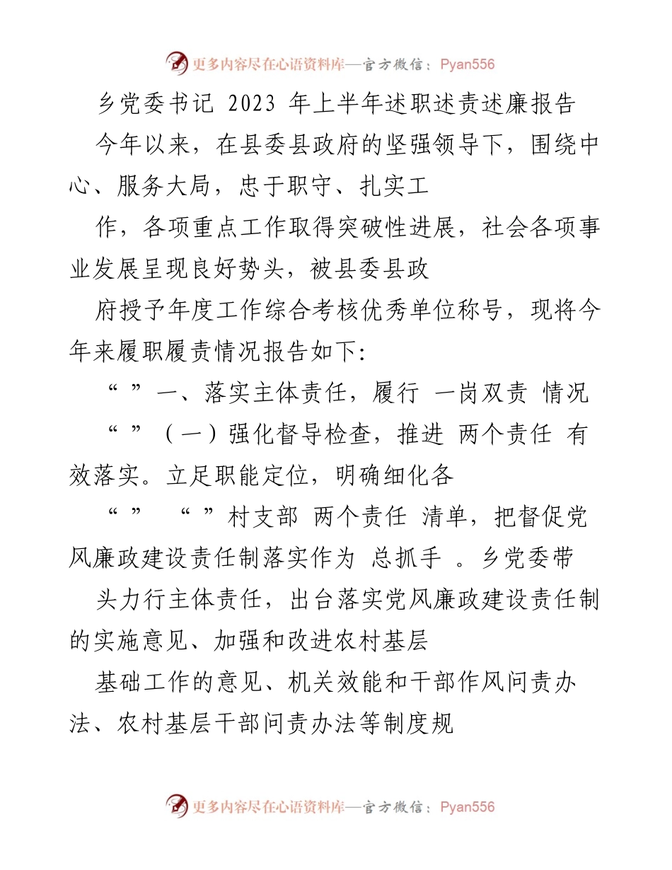 [述职报告] 乡党委会议 - 2023年上半年乡党委书记述职述责述廉报告.docx_第1页
