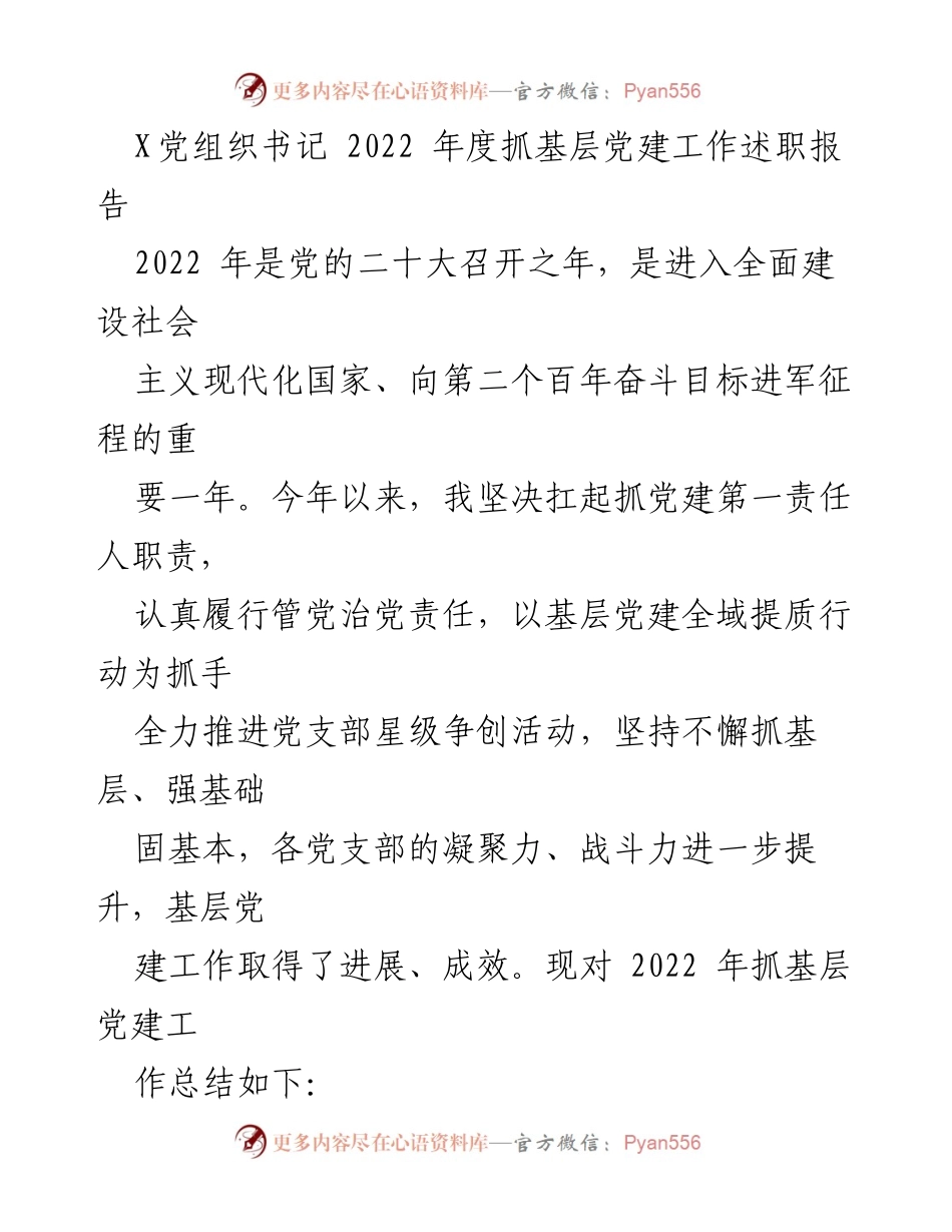 [述职报告] 党建工作总结 - 2022年度基层党建工作述职报告_1.docx_第1页