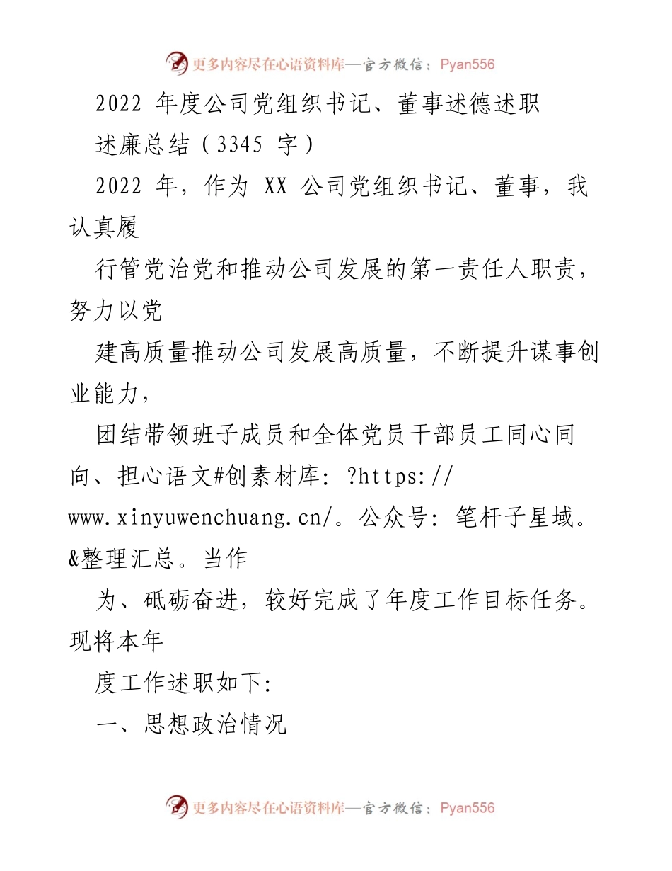 [述职报告] 公司年度总结 - 2022年度党组织书记、董事述职报告.docx_第1页