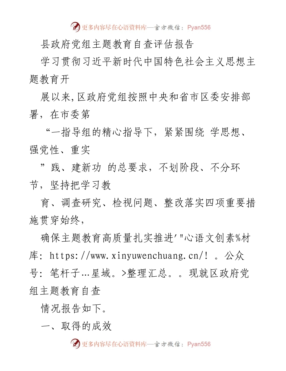 [调研报告] 政府党组 - 县政府党组主题教育自查评估报告.docx_第1页