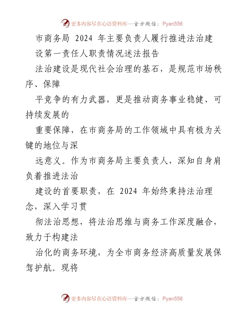 [述法报告] 市商务局 - 2024 年法治建设责任履行情况总结.docx_第1页