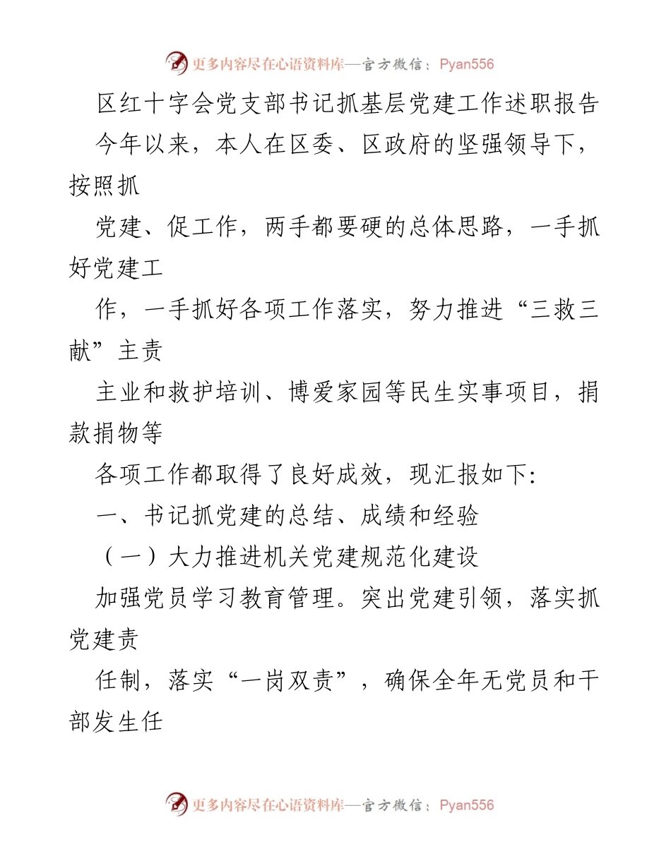 [述职报告] 区红十字会 - 党建工作与民生实事推进总结.docx_第1页