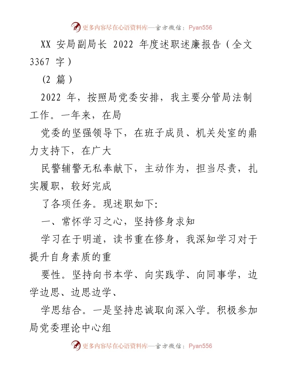[述职报告] XX安局 - 2022年度副局长述职述廉报告.docx_第1页