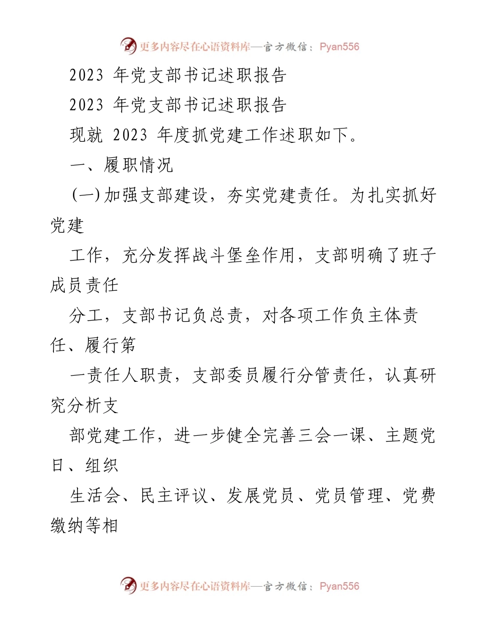 [述职报告] 党支部年度总结 - 2023年度党支部书记述职报告.docx_第1页