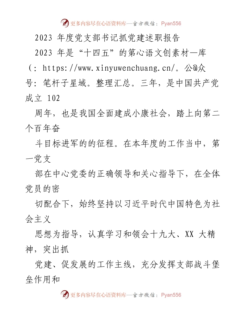 [述职报告] 党支部年度总结 - 2023年度党支部书记抓党建述职报告.docx_第1页