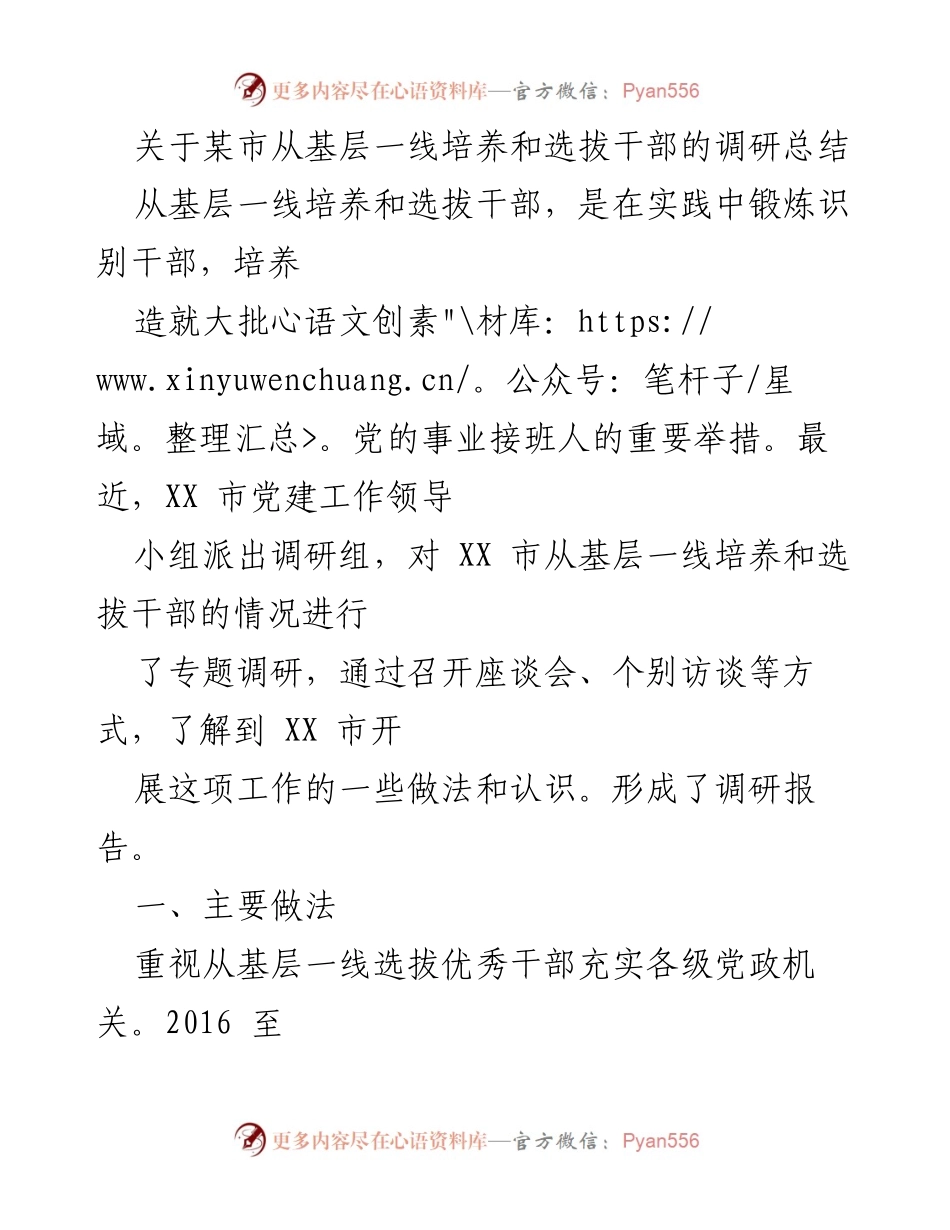 [调研报告] 某市干部选拔 - 某市基层一线干部培养与选拔调研总结.docx_第1页