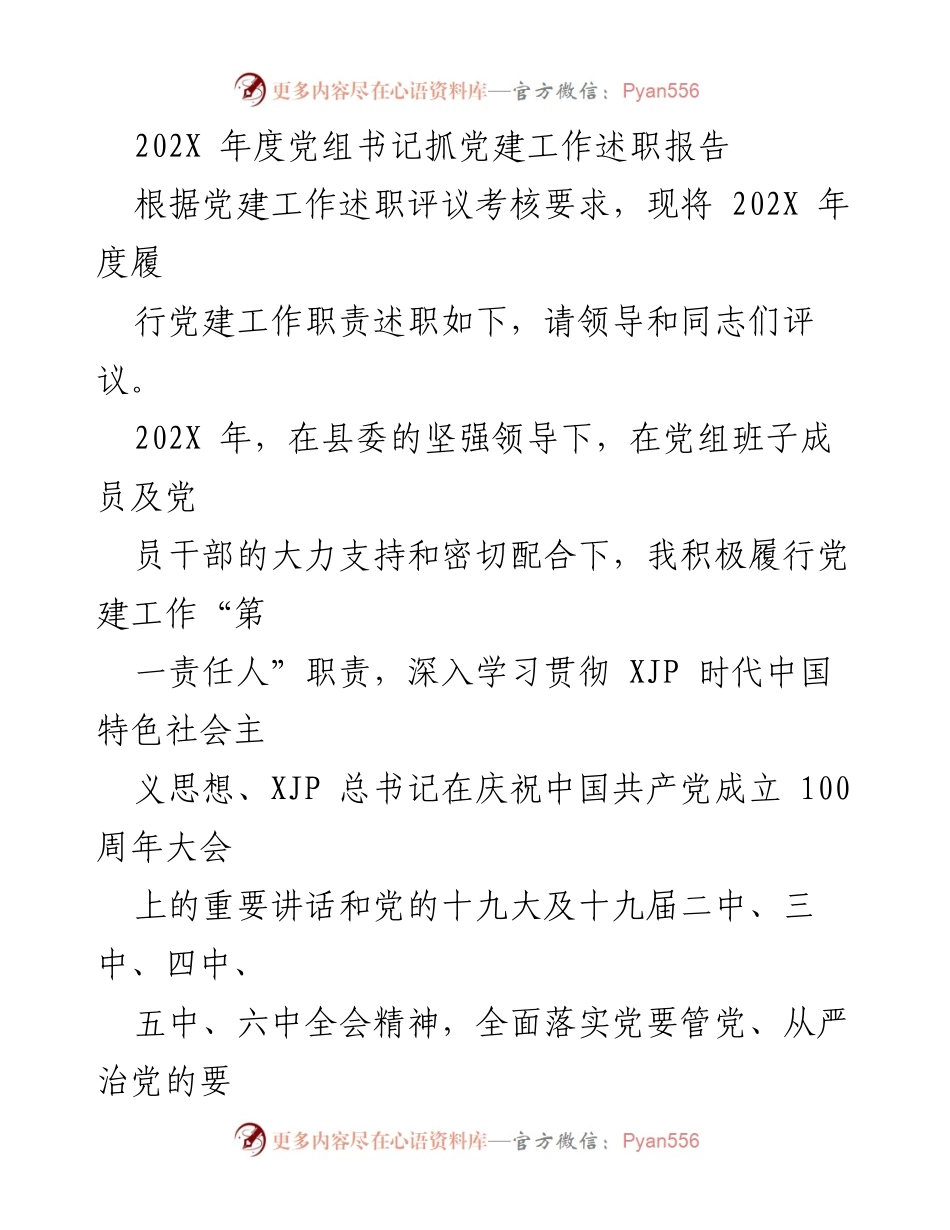 [述职报告] 党建工作 - 202X年度党组书记党建工作述职报告.docx_第1页
