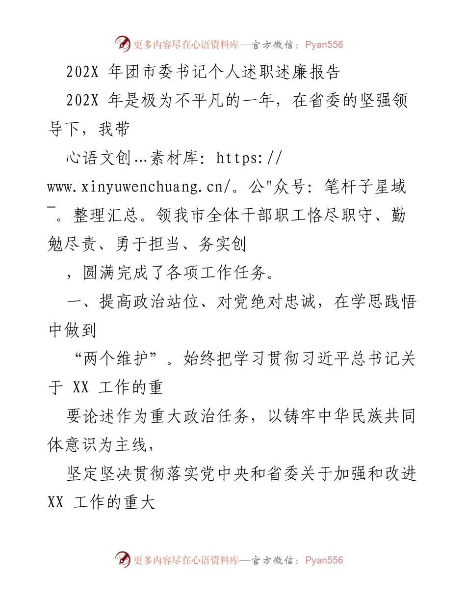 [述职报告] 团市委 - 202X年团市委书记述职述廉报告.docx_第1页