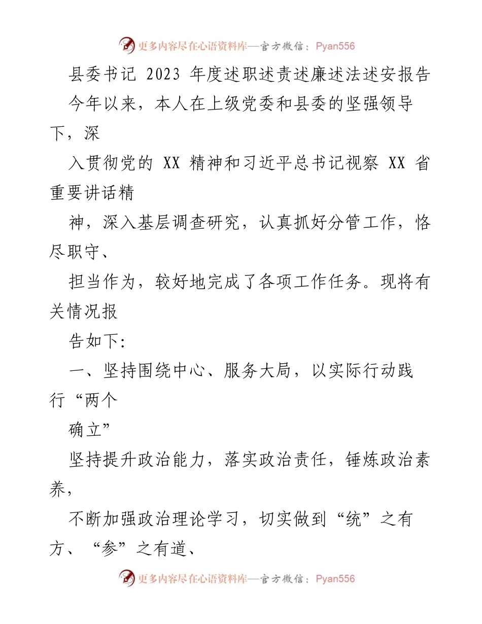 [述职报告] 县委会议 - 2023年度县委书记述职述责述廉述法述安报告.docx_第1页