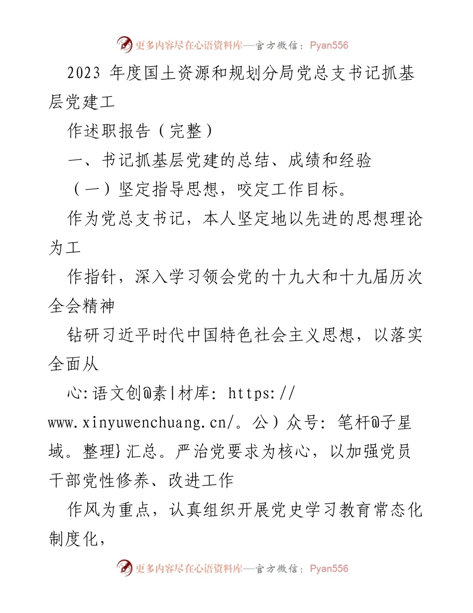 [述职报告] 党建工作 - 2023年度国土资源和规划分局党总支书记抓基层党建工作述职报告.docx_第1页