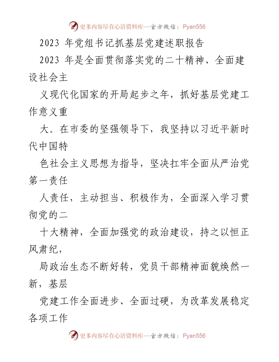 [述职报告] 党建工作会议 - 2023年党组书记基层党建工作述职报告.docx_第1页