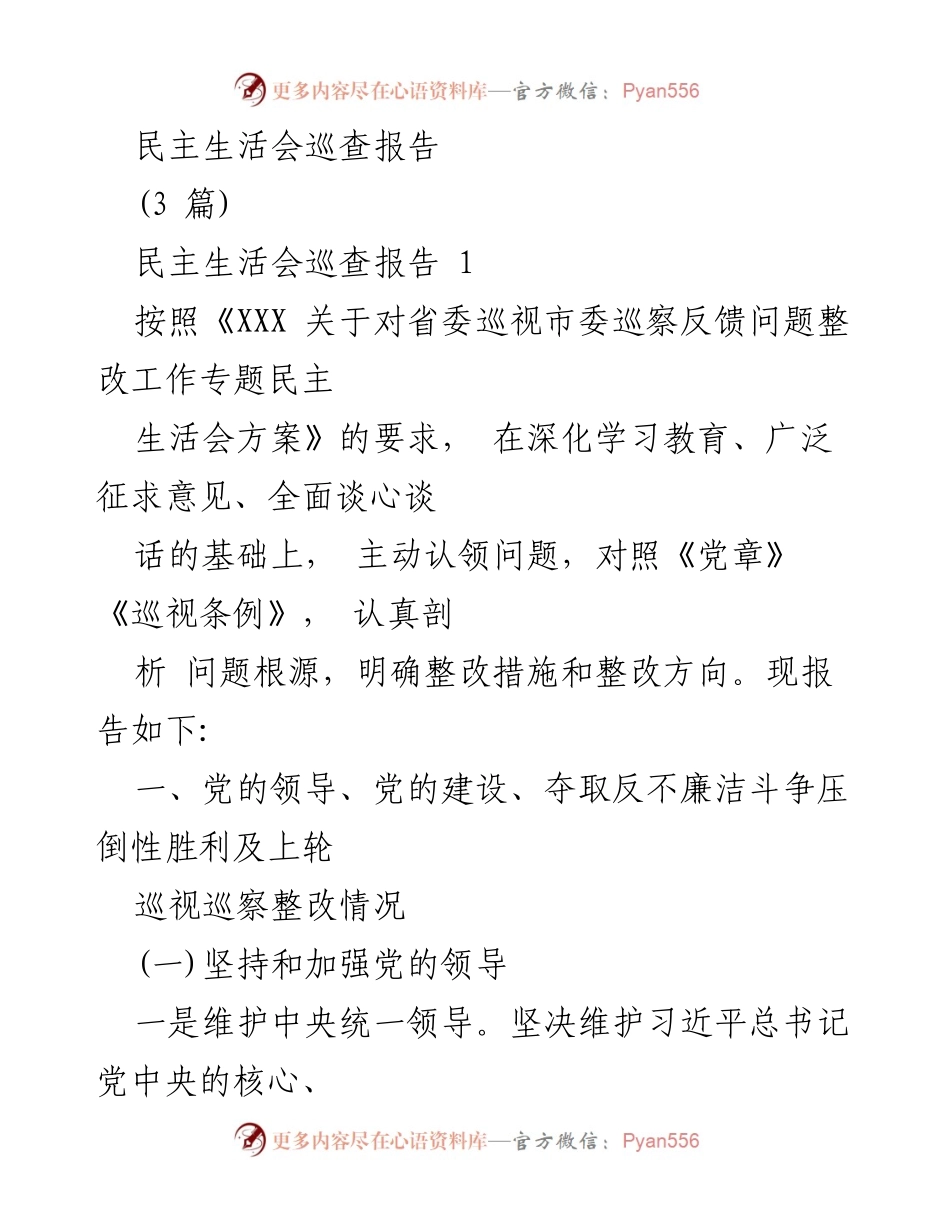 [调研报告] 民主生活会 - 民主生活会巡查整改情况报告.docx_第1页