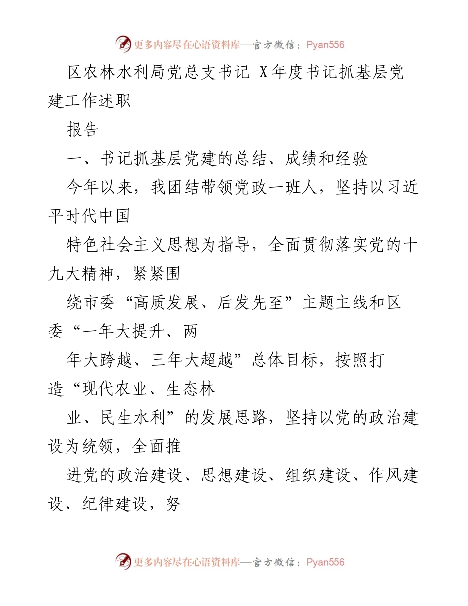 [述职报告] 区农林水利局 - X年度书记抓基层党建工作述职报告.docx_第1页