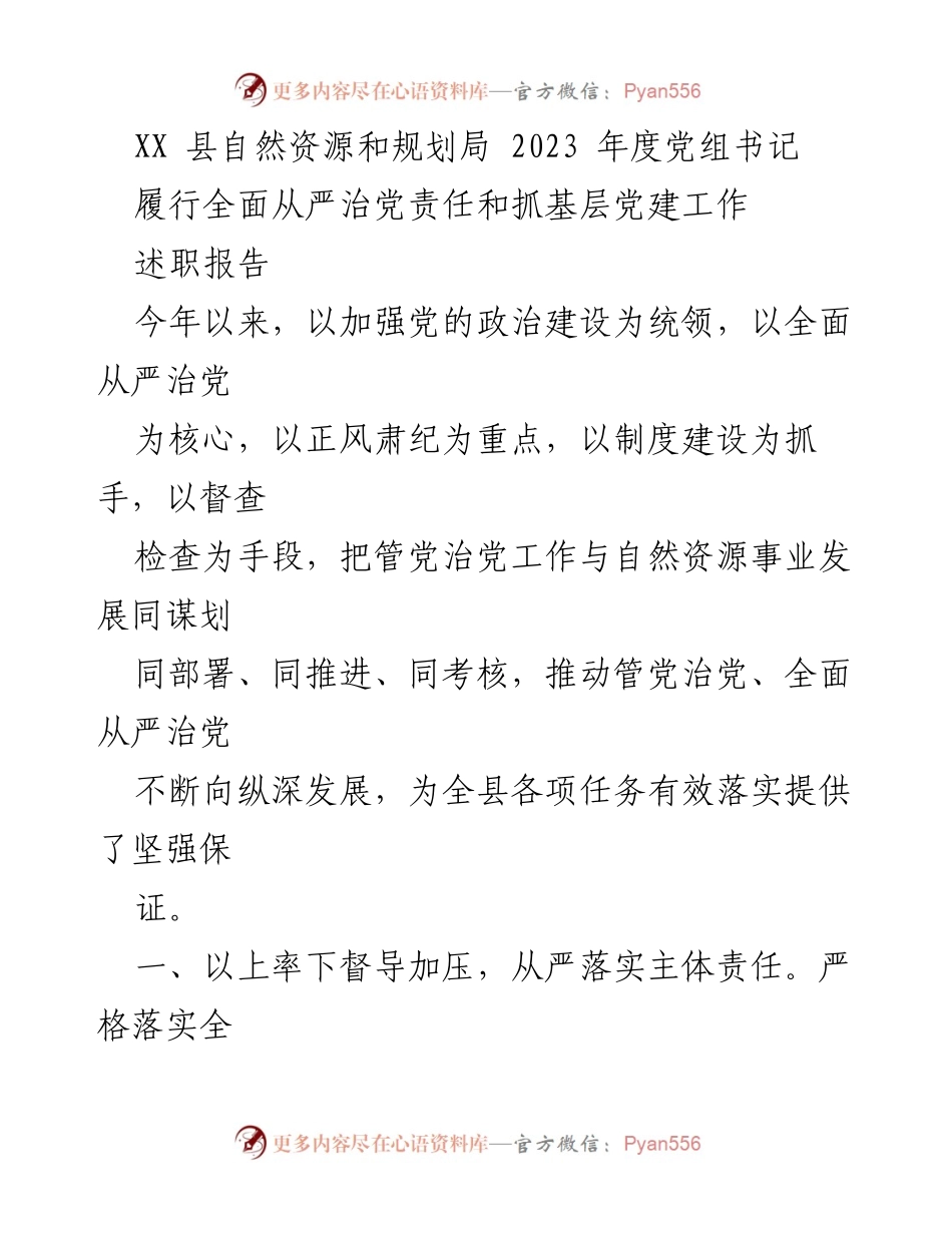 [述职报告] 自然资源和规划局 - 2023年度全面从严治党责任履行述职报告.docx_第1页
