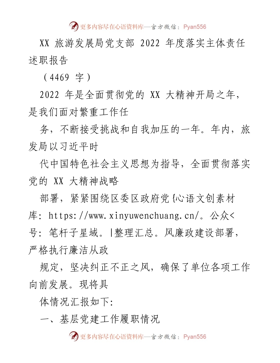 [述职报告] 年度总结 - 2022年度旅游发展局党支部主体责任落实情况总结.docx_第1页