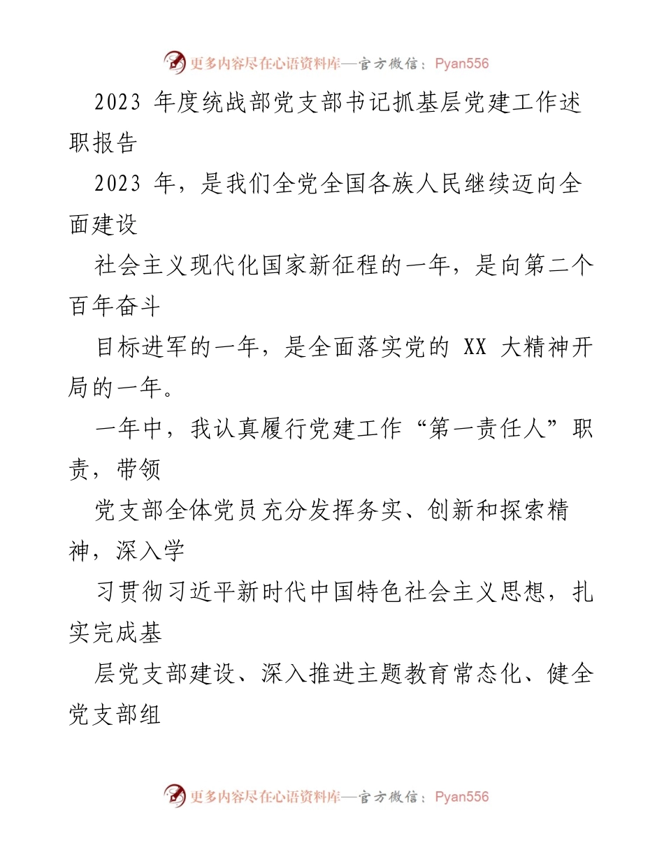 [述职报告] 统战部党支部 - 2023年度党支部书记抓基层党建工作总结.docx_第1页