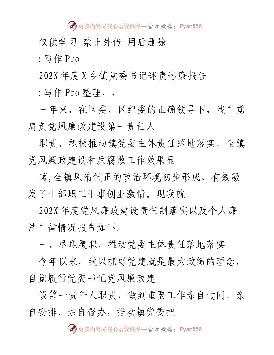 [述责述廉报告] 乡镇党委 - 202X年度X乡镇党委书记述责述廉报告.docx_第1页