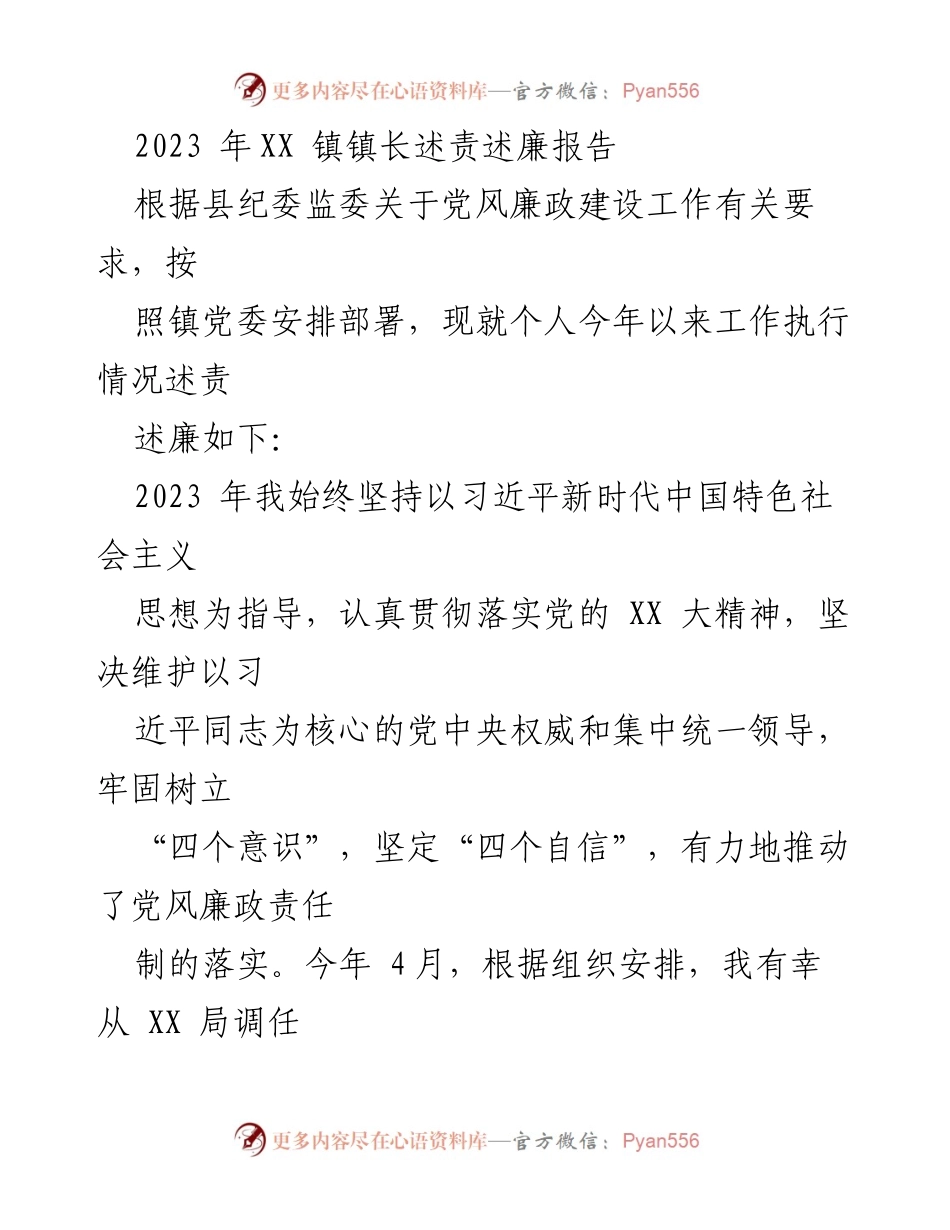 [述责述廉报告] 镇长述责述廉 - 2023年个人工作执行及廉政建设情况总结.docx_第1页