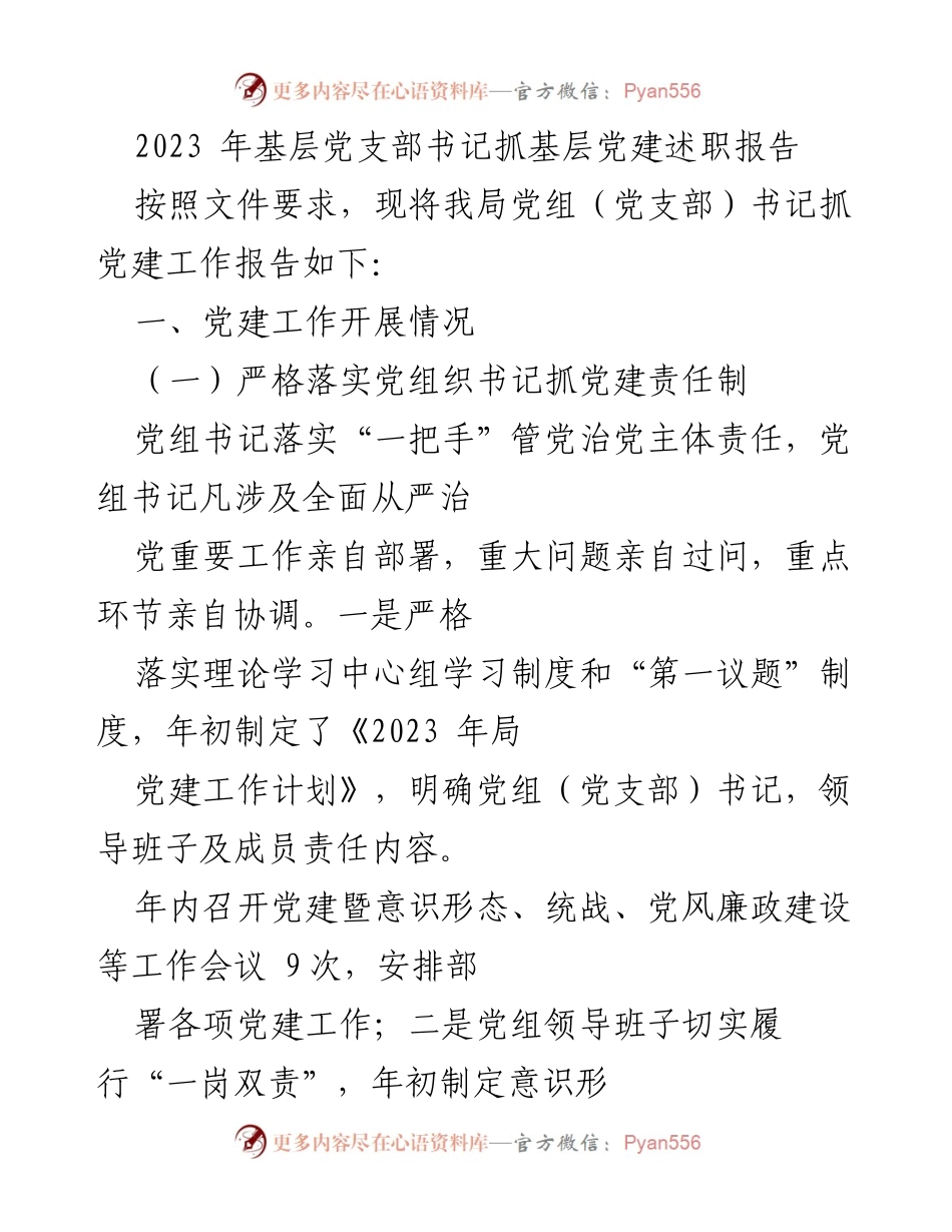 [述职报告] 基层党建工作 - 2023年基层党支部书记党建工作述职报告_2.docx_第1页