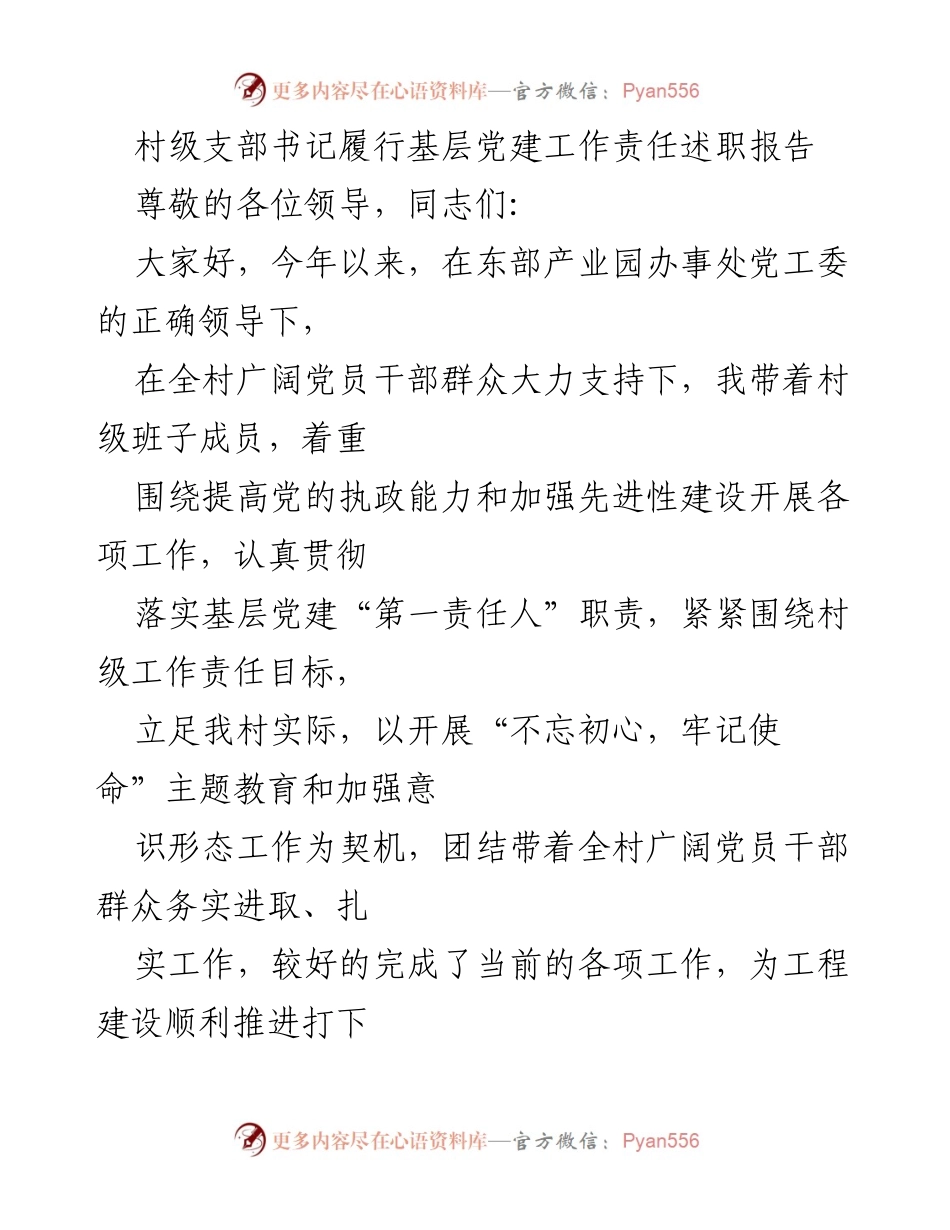 [述职报告] 村级党建工作 - 村级支部书记党建工作履职述职报告.docx_第1页